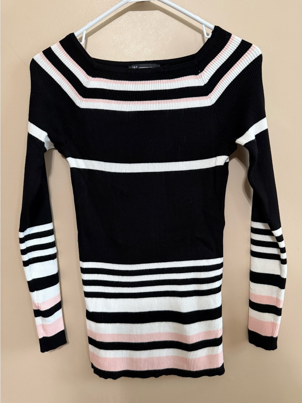 NWOT INC International Concepts Black Striped Ribbed Boatneck Sweater Sz M